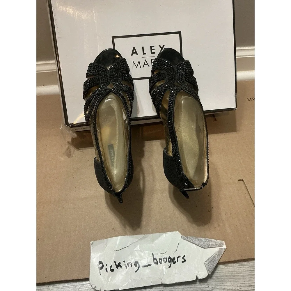 Alex Marie Black Rhinestone Heels Women's Size 7.5  M Shoes Zip Back Peep Toe